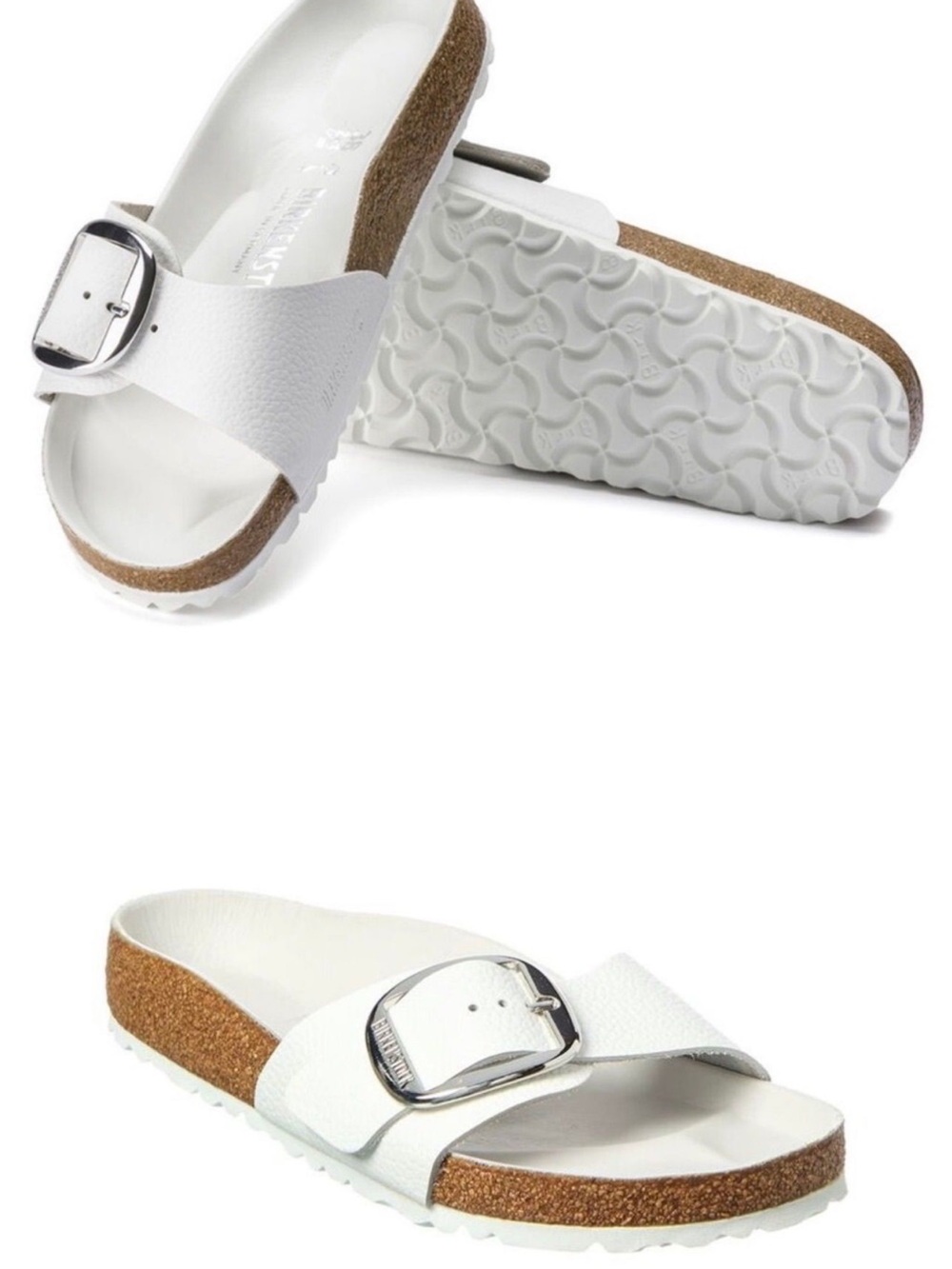 Birkenstock women White Single Strap Slide with Silver Buckle size 39